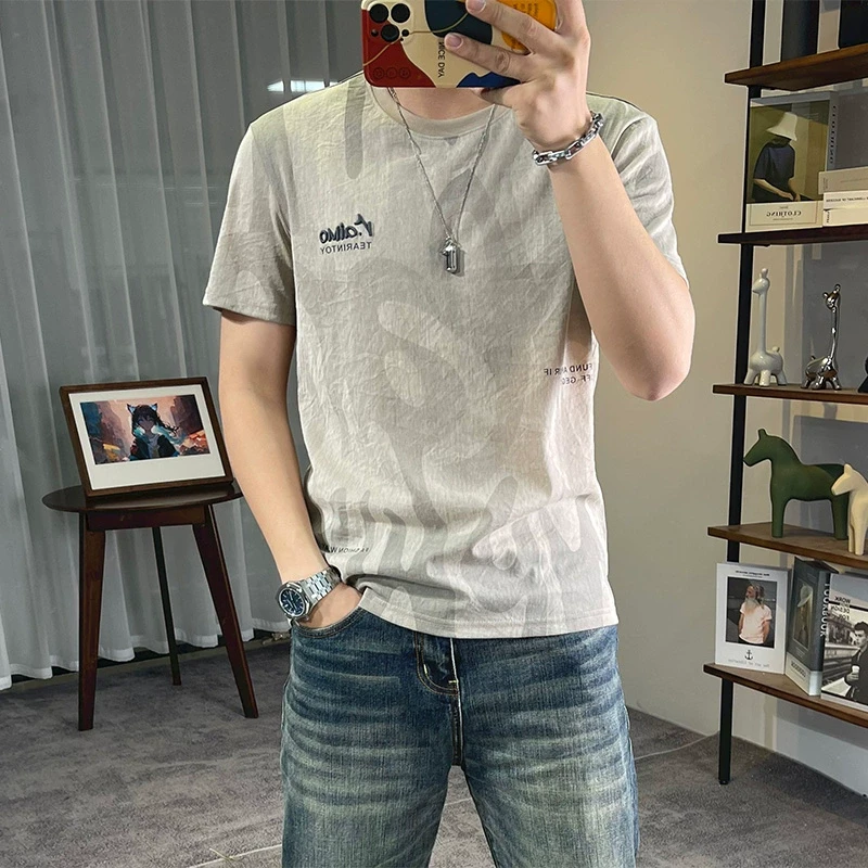 冰丝麻t恤男短袖2025夏季新款男士字母印花半袖衫圆领女麻修身T