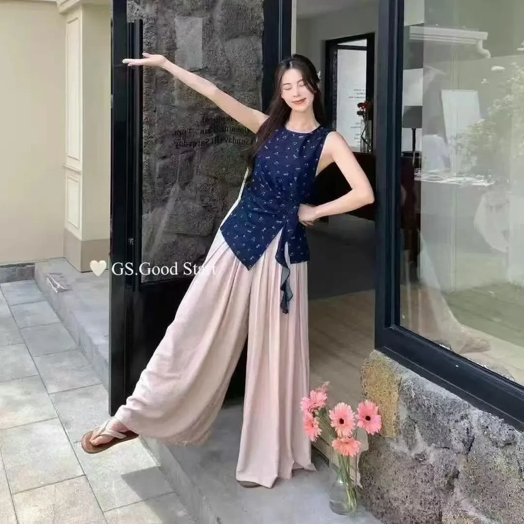 韩版蝴蝶结碎花不规则飘带无袖背心搭配粉色阔腿裤女夏装