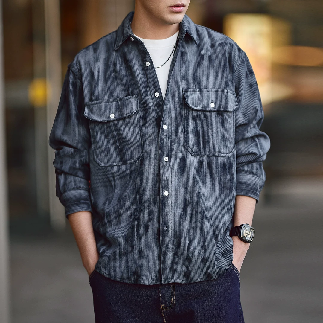 格蓝鹿美式复古水洗灯芯绒长袖衬衫外套男宽松潮牌休闲印染衬衣男