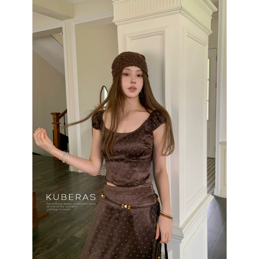 KUBERAS 复古波点短袖上衣短款V领挂脖吊带背心打揽A字长裙套装