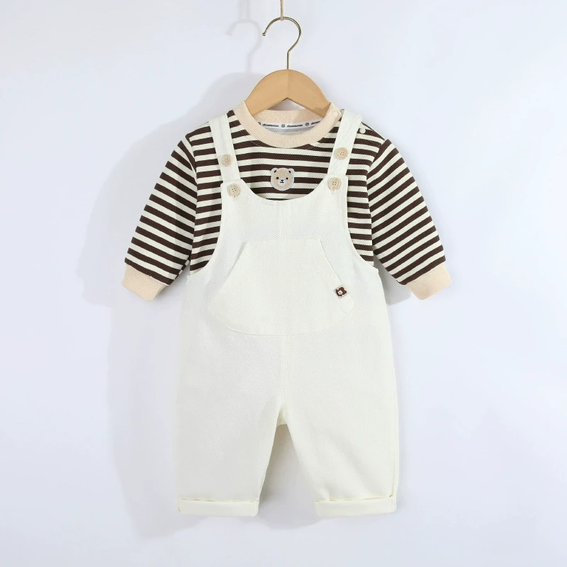 婴儿休闲背带裤春秋0一3岁男女幼童米杏开档连体长裤宝宝裤子春装