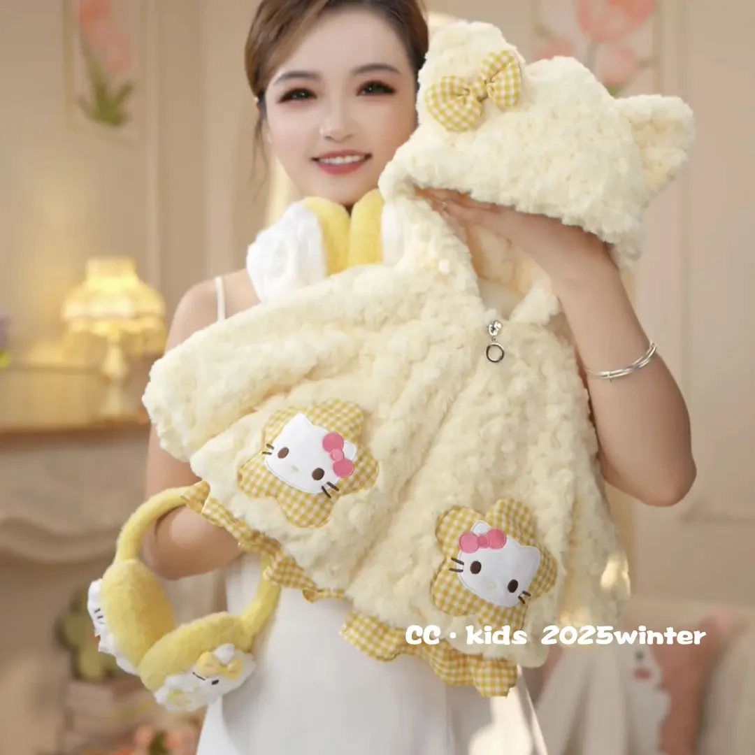 【加厚】儿童装女童冬季女宝可爱连帽加绒猫咪毛毛衣棉服外套