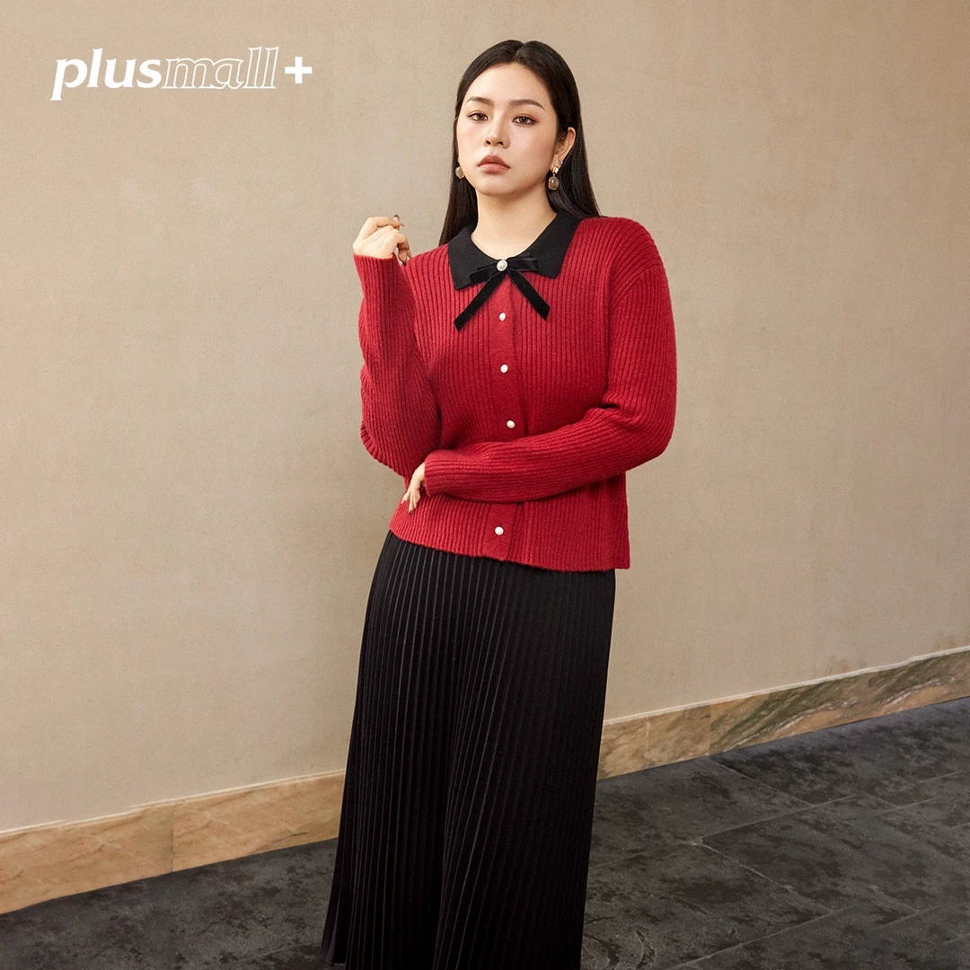 PLUSMALL 红酒可颂 澳毛绒撞色翻领蝴蝶结毛衫开衫外套PAC2410101