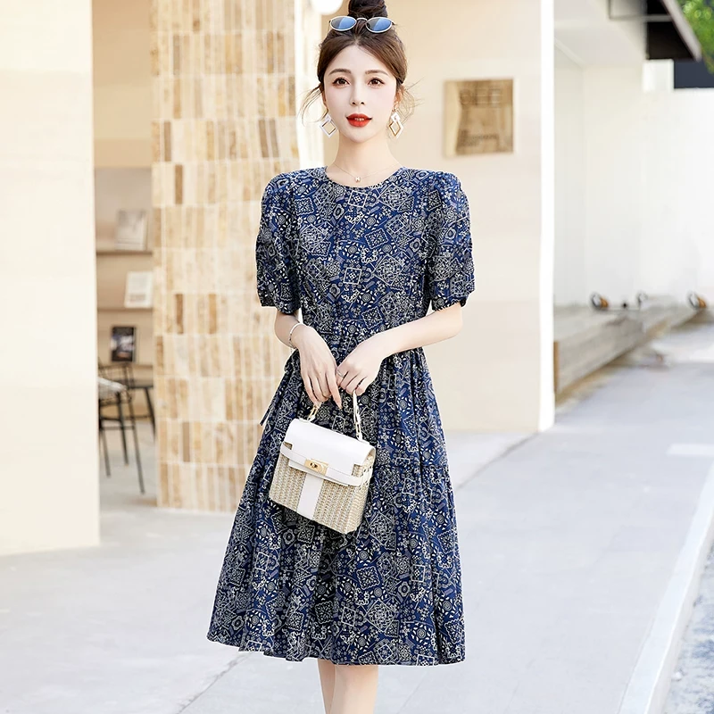 民族风泡泡袖印花连衣裙女2024夏季新款时尚碎花裙休闲宽松中长裙