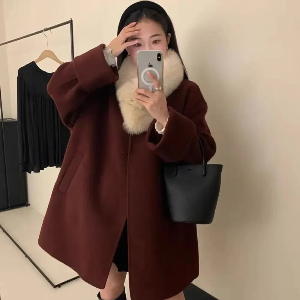 冬季新款中长款双面呢大衣女可拆卸领围脖时尚潮流