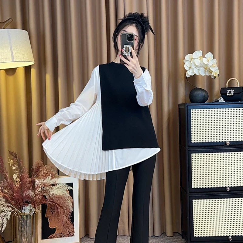 首秀【巴黎时光】25早秋新款百褶长袖衬衫套装衬衫+马甲两件套-2485