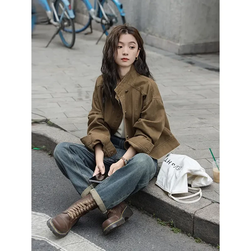复古咖色牛仔短外套2025早秋新款小众宽松立领工装夹克上衣女729#
