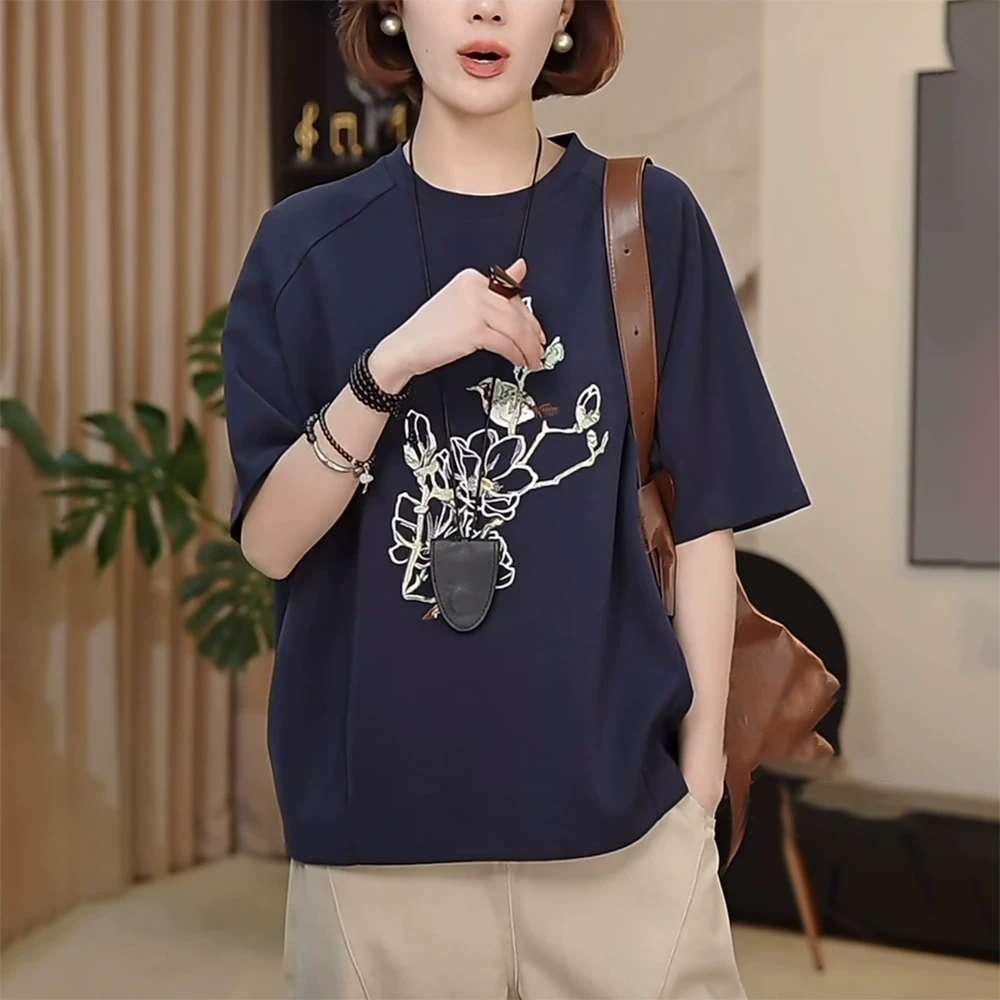 藏蓝色短袖t恤女夏季2025新款时尚洋气减龄重工刺绣休闲体恤上衣