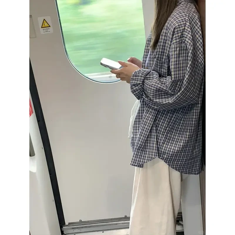 美式复古蓝白色格子衬衫男长袖内搭衬衣慵懒风cleanfit情侣装外套