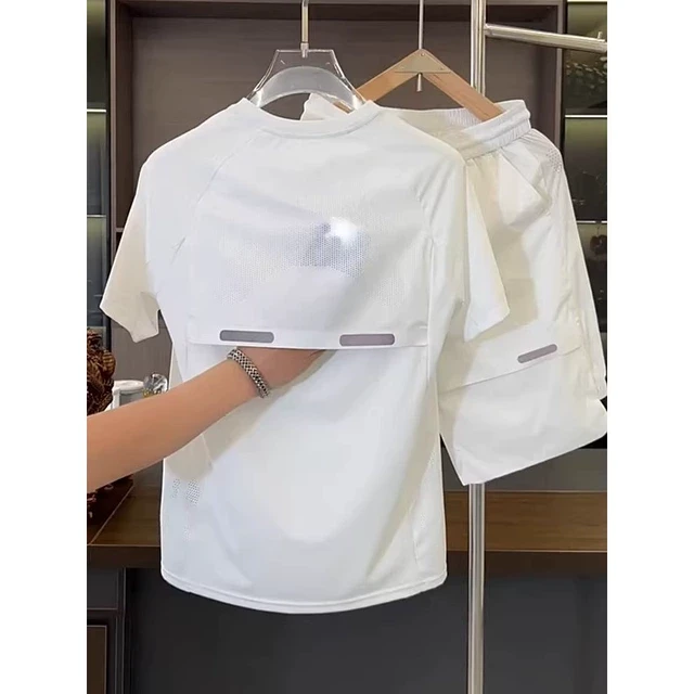 夏季白色透气速干休闲运动套装男冰丝弹力潮流百搭短袖短裤两件套