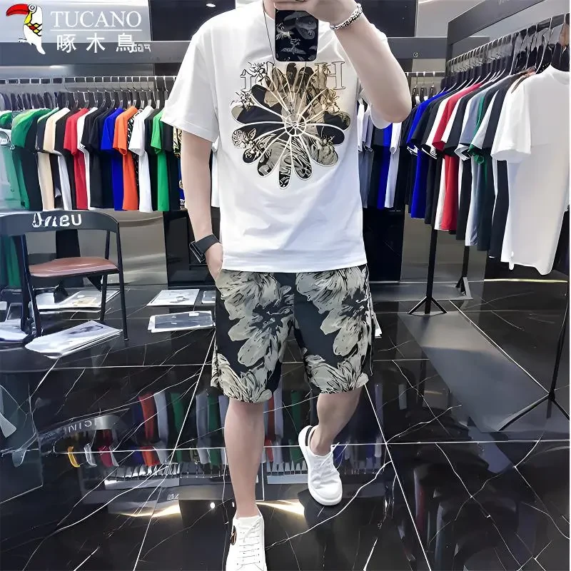 TUCANO/啄木鳥欧货刺绣高端夏季男士套装短袖T恤潮牌短裤两件套帅