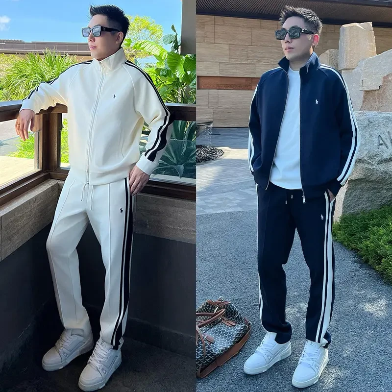 春秋潮牌立领拼接运动休闲套装男韩版百搭帅气开衫卫衣卫裤两件套