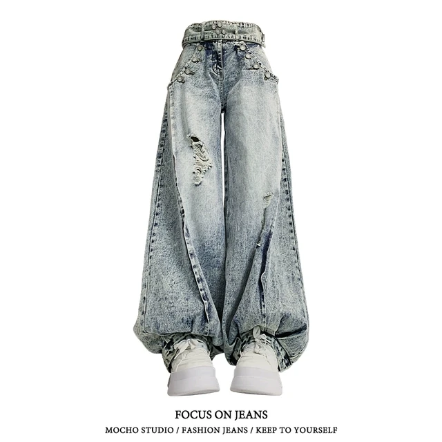 美式复古灯笼裤破洞牛仔裤女夏季辣妹高街设计感宽松垂感阔腿裤子