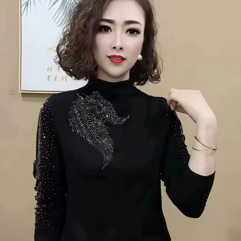 女士秋冬半高领德绒打底衫女2024新款内搭洋气遮肚子妈妈烫钻上衣