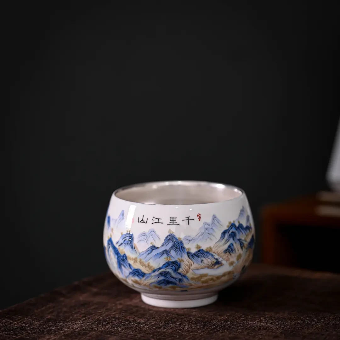 千里江山瓷胎包银主人杯大容量品茗杯禅定杯Y2837