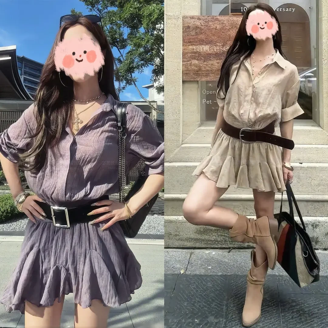 韩系复古度假风高级感2025夏季新款假两件拼接短袖衬衫百褶短裙女