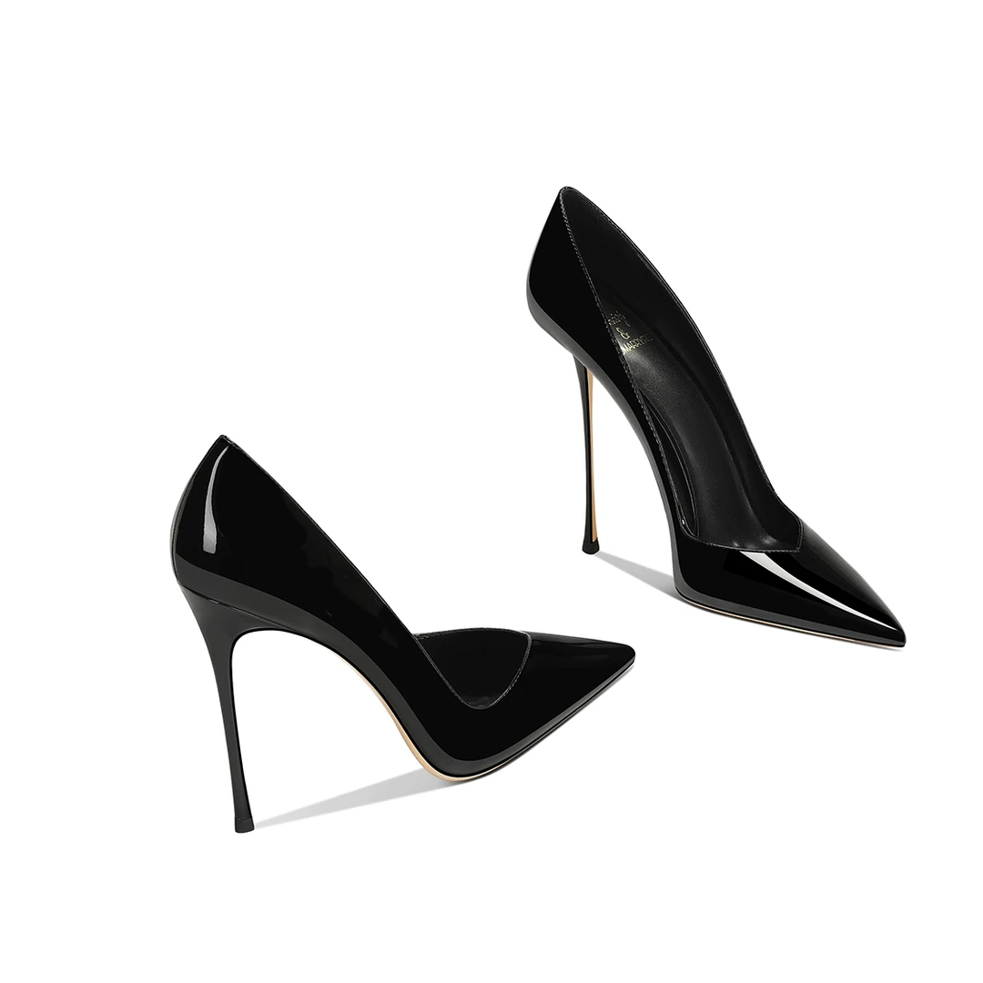 小细跟黑色漆皮V口设计感小众斩男百搭2025春秋新款尖头高跟鞋女