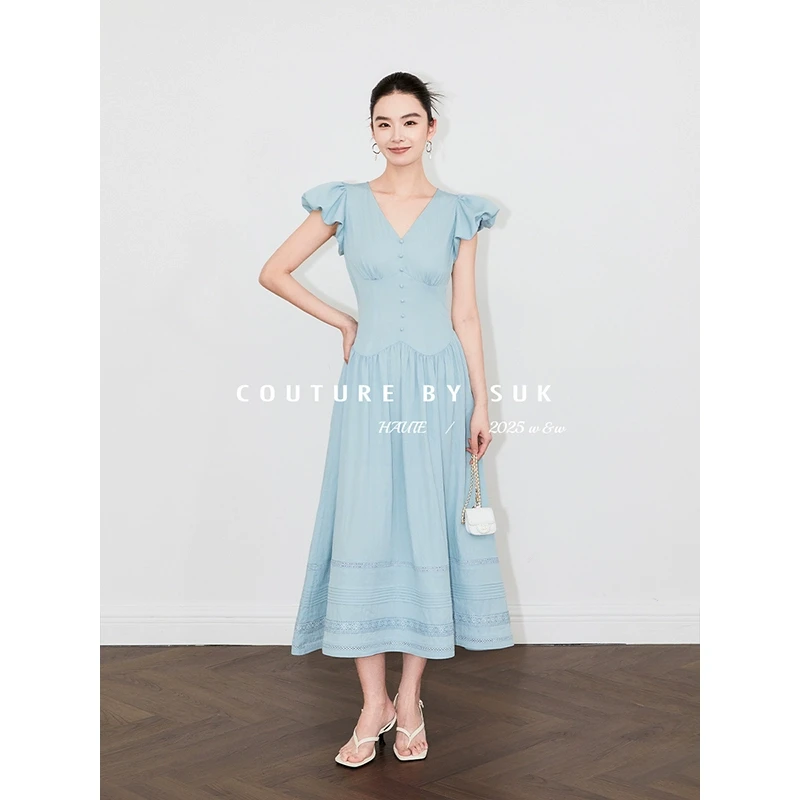 SUK【普罗旺斯之梦】法式浪漫小飞袖V领收腰包扣连衣裙女SK5235