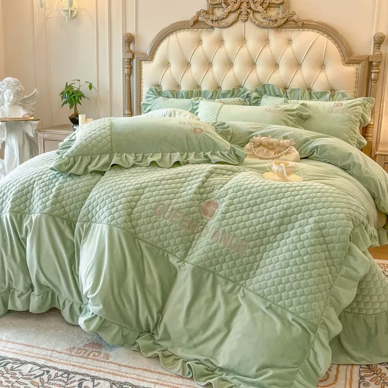 加绒宝宝牛奶绒四件套冬季加厚花边床盖款法兰珊瑚绒被套床上用品