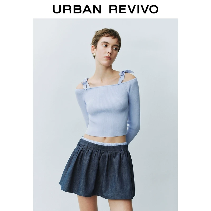 UR2025春季新款女装欧若风绑带修身短款一字领针织衫UYY950028