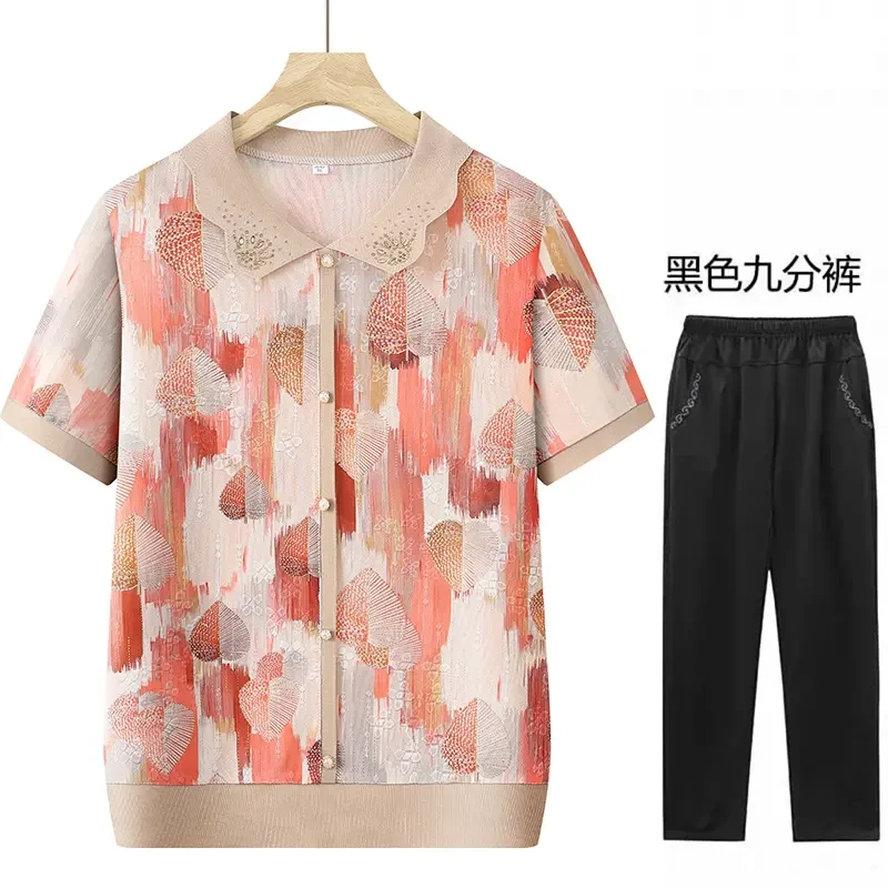 中老年女装夏季冰丝提花短袖宽松妈妈装弹力套头衫上衣老人衣服