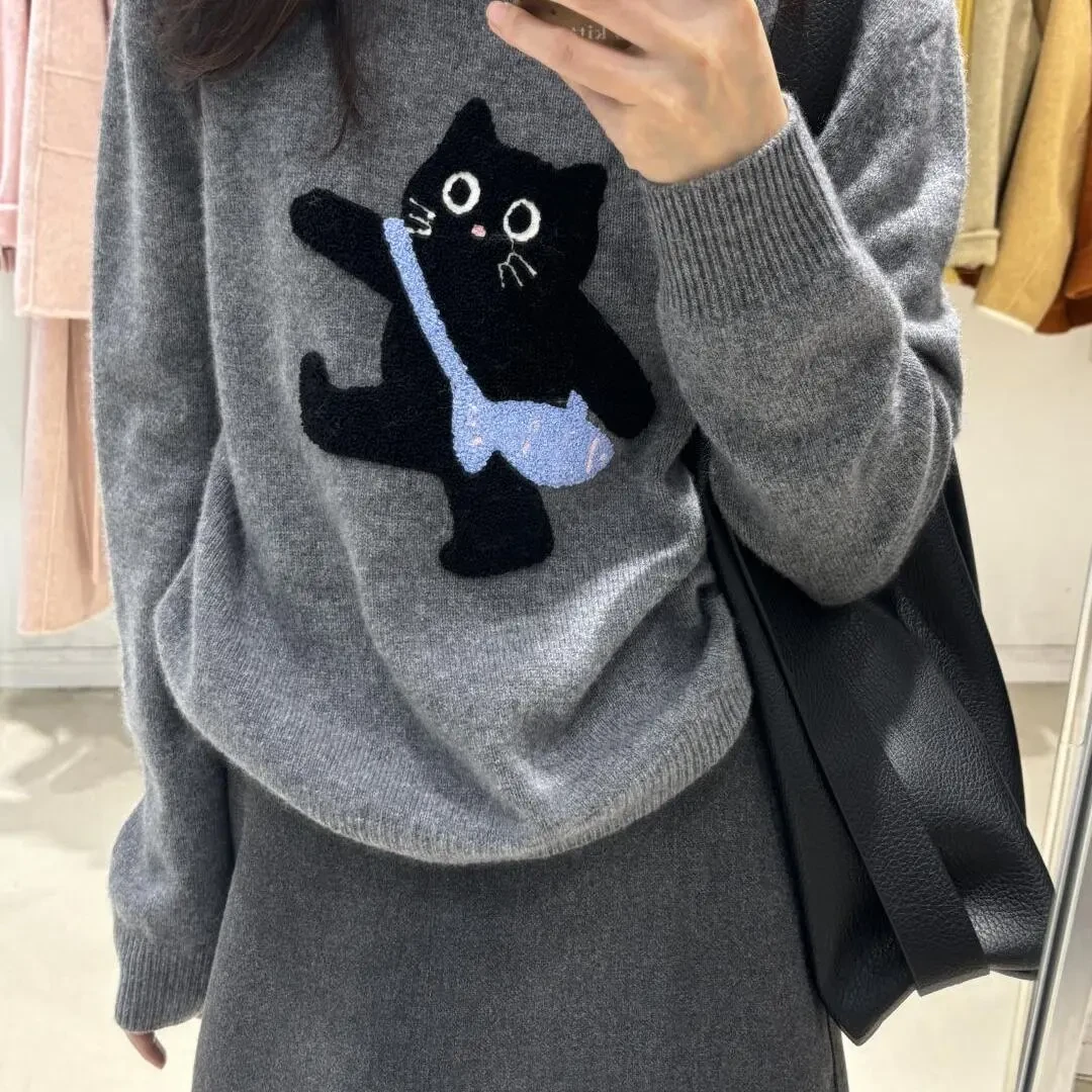猫咪刺绣灰色欧若风套头毛衣女秋冬宽松内搭针织衫上衣