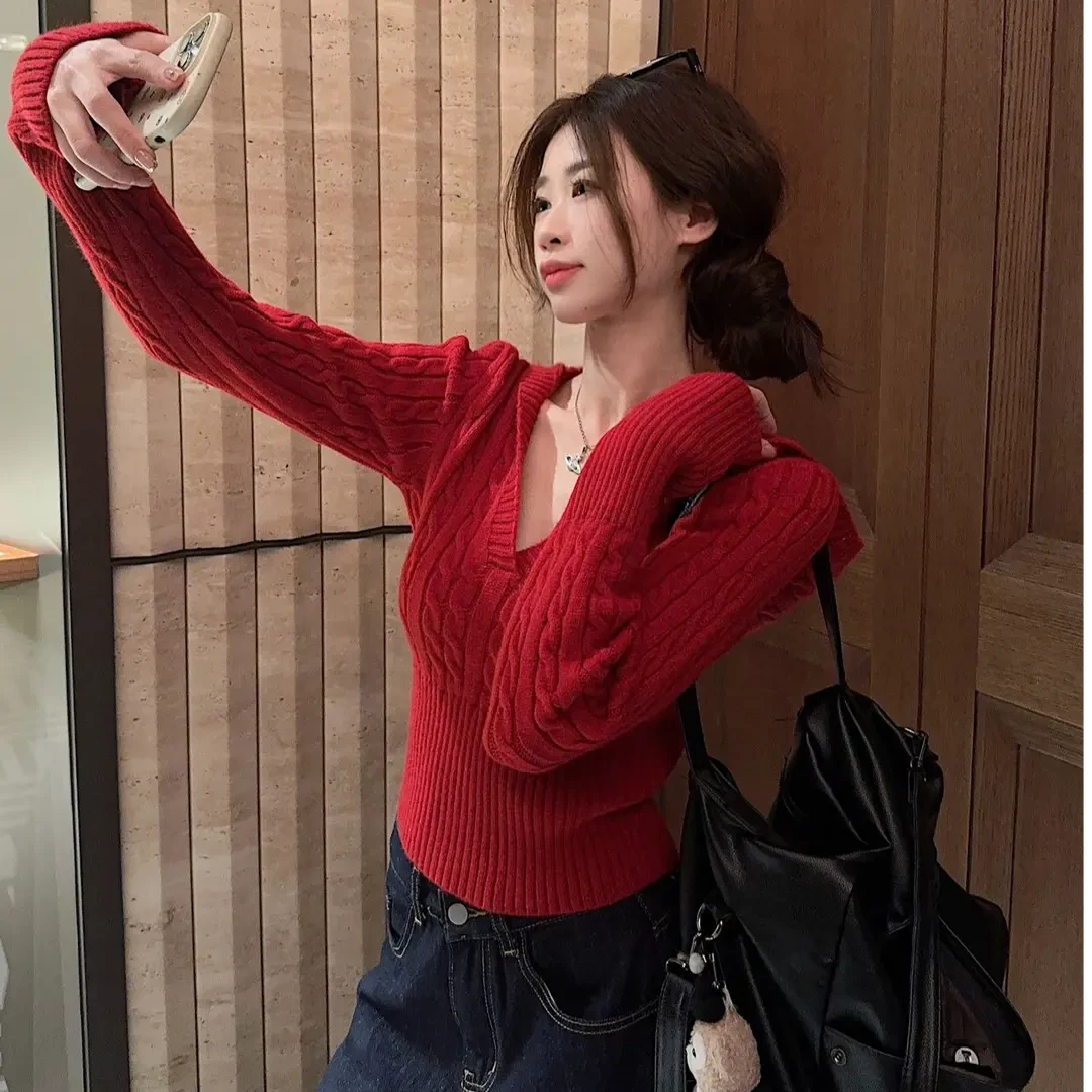 【清红毛衣F1006-D7358】气质显瘦连帽V领洋气休闲百搭外穿