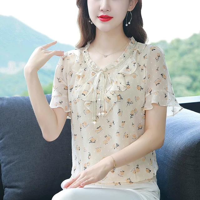 洋气碎花上衣女2025夏装新款衬衣短袖时尚雪纺衫遮肚显瘦百搭小衫