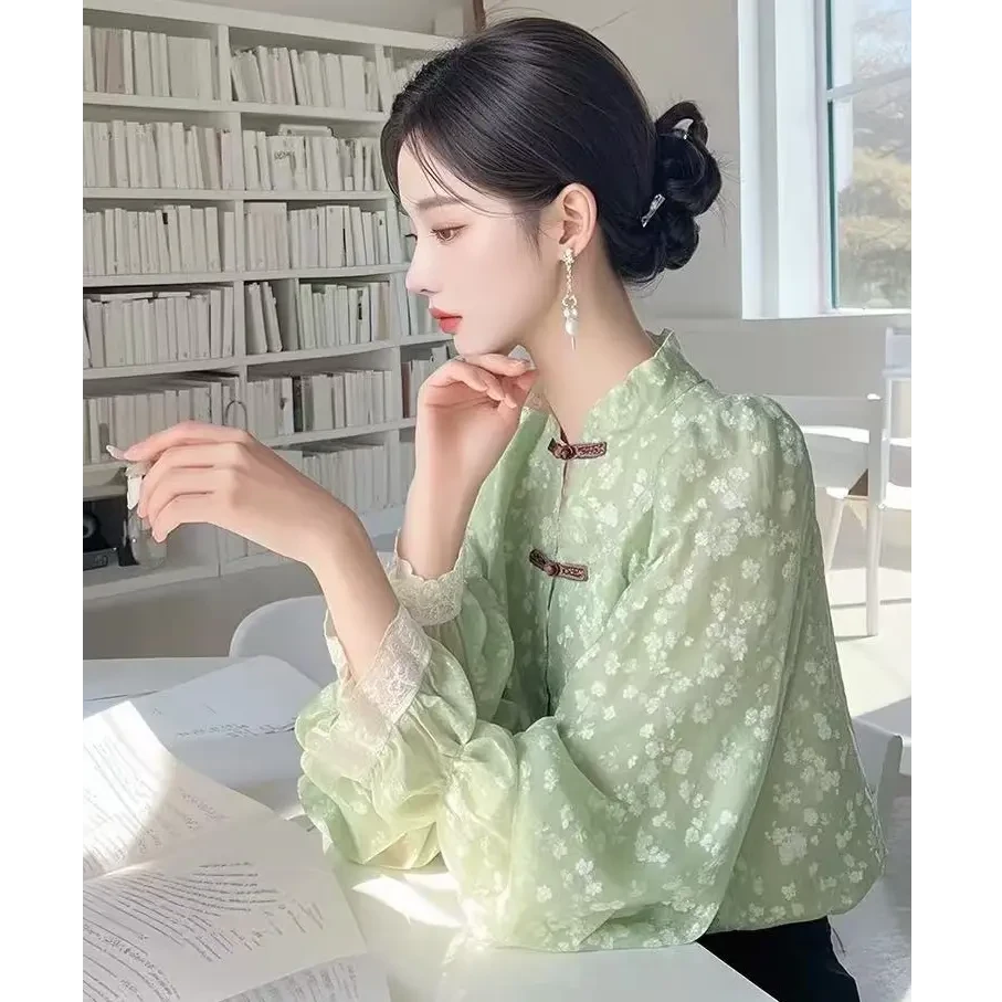 4365绿色新中式雪纺衬衫女春季新款超好看独特漂亮设计感小众上衣