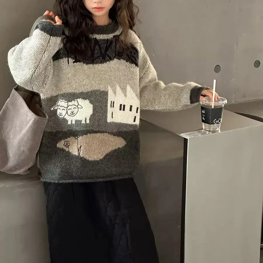 066-沫弛尔2025年女童男童格子卡通动物毛衣针织衫冬季拼接时尚