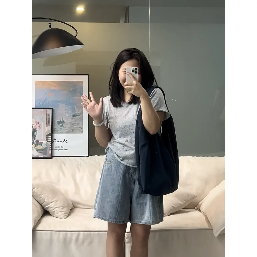 2025夏季女透气韩版文艺纯色小清新针织短袖镂空设计甜美