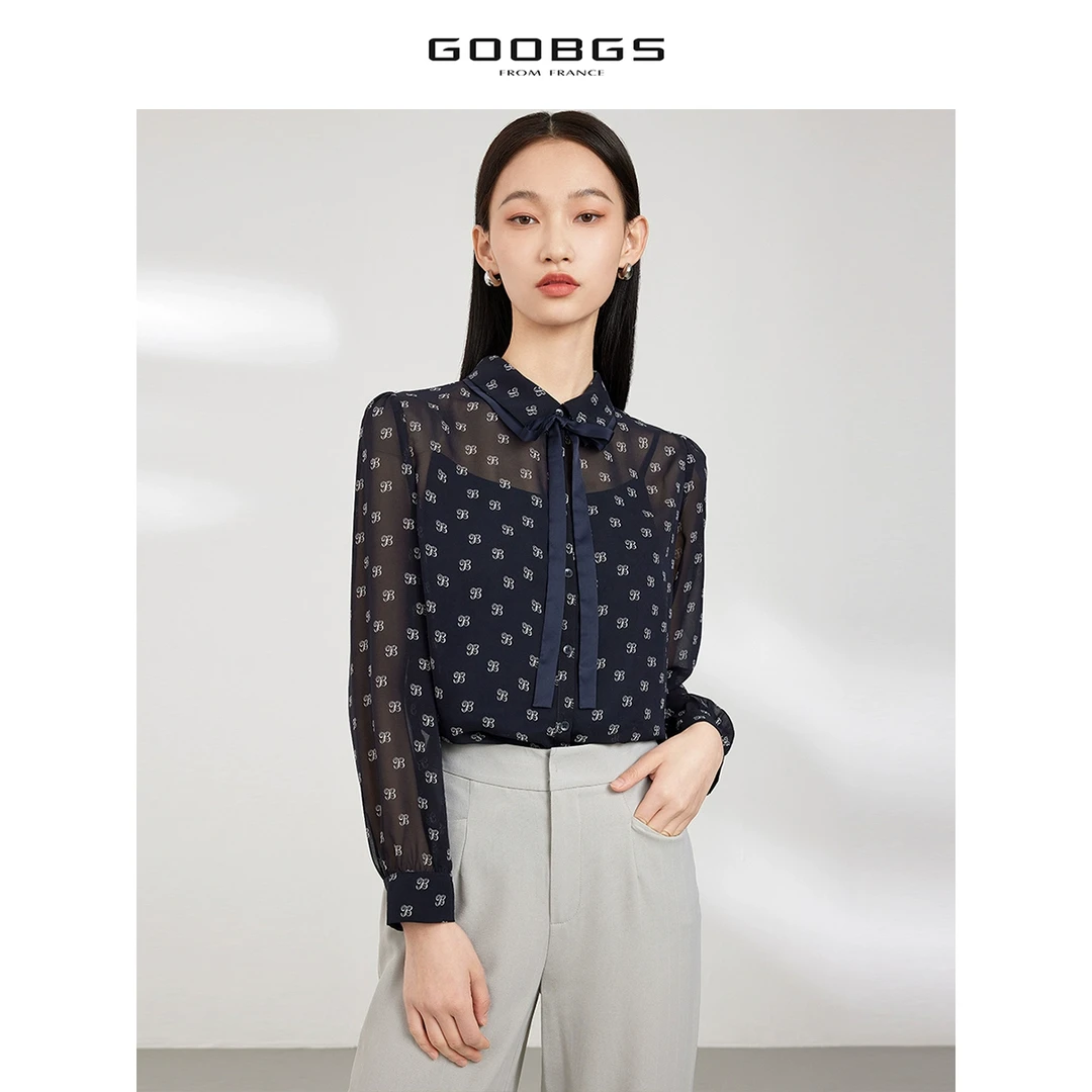 【谷邦L+】谷邦GOOBGS 黑色字母印花微透长袖衬衫 G2315812-A