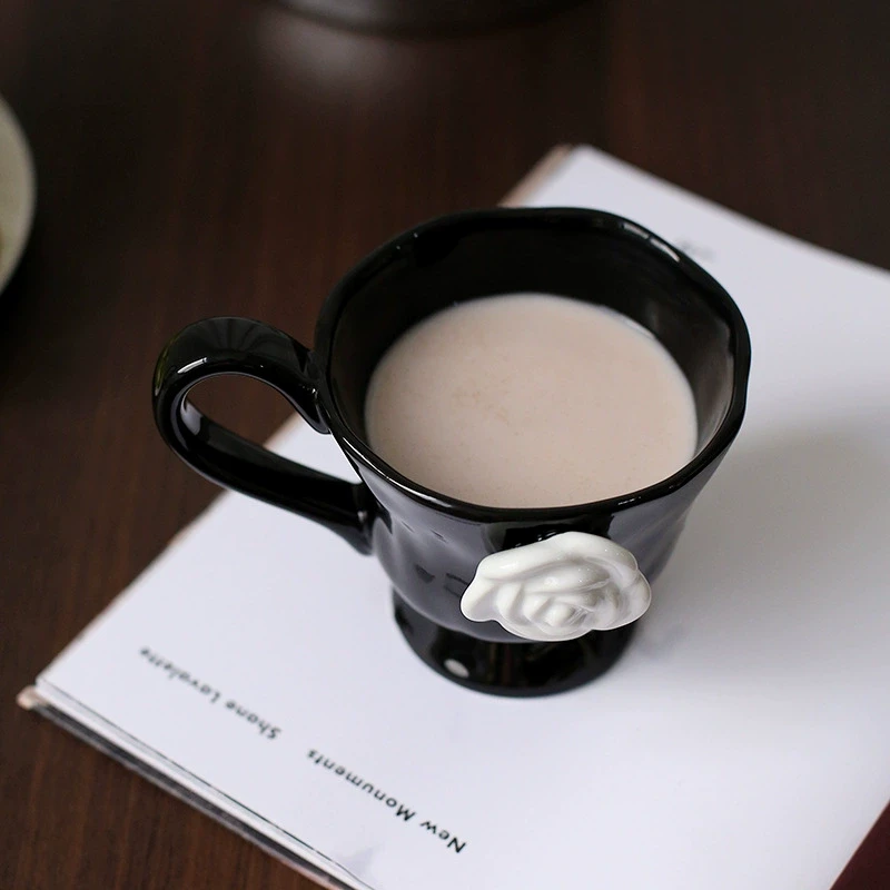 山茶花高颜值浮雕法式家用创意早餐牛奶杯陶瓷水杯子咖啡杯马克杯