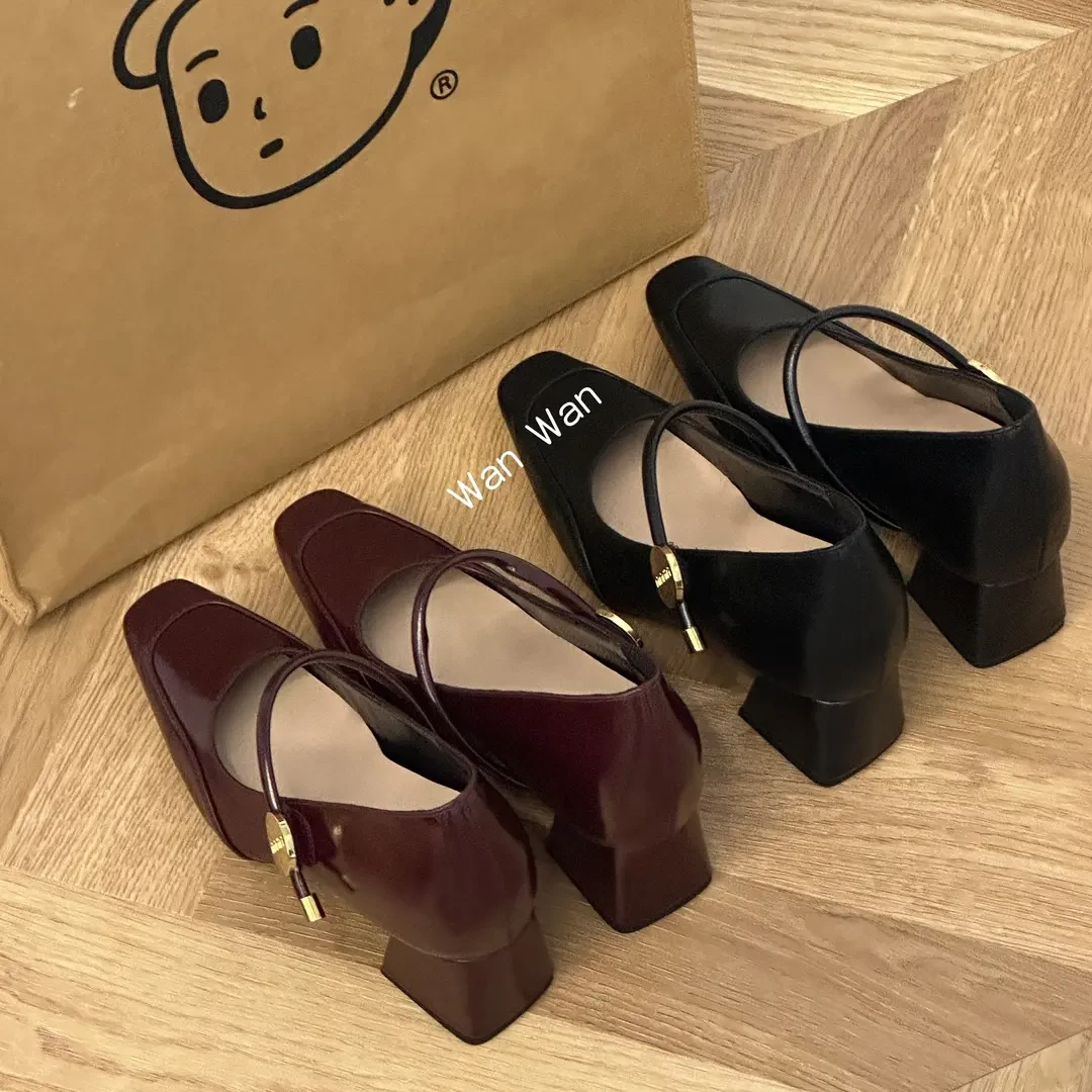 绝美·内增高8.5cm法式气质方头浅口单鞋女春季通勤粗跟玛丽珍鞋