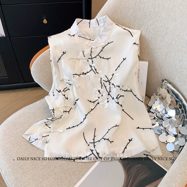 2025新款洋气百搭中式盘扣立领修身显瘦欧根纱刺绣无袖打底衬衫女