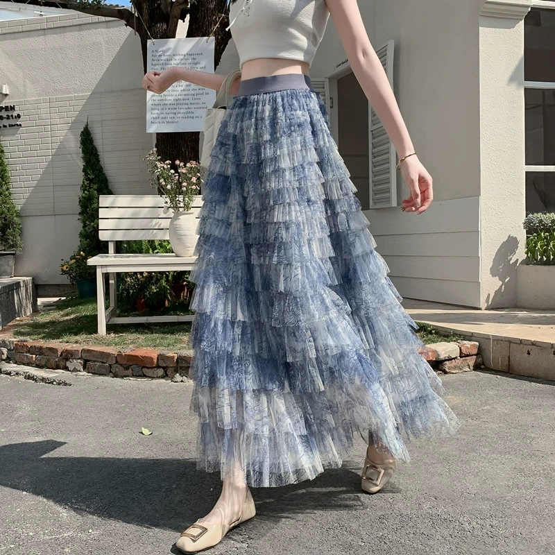高腰a字长裙绝美超好看蛋糕裙女2026新款梦幻蓝色网纱气质蓬蓬裙