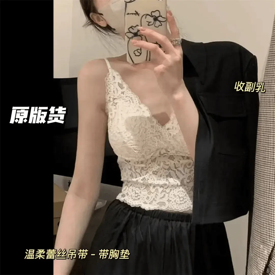 度假蕾丝蕾丝美背吊带外穿内搭背心带胸垫文胸一体式内衣女打底