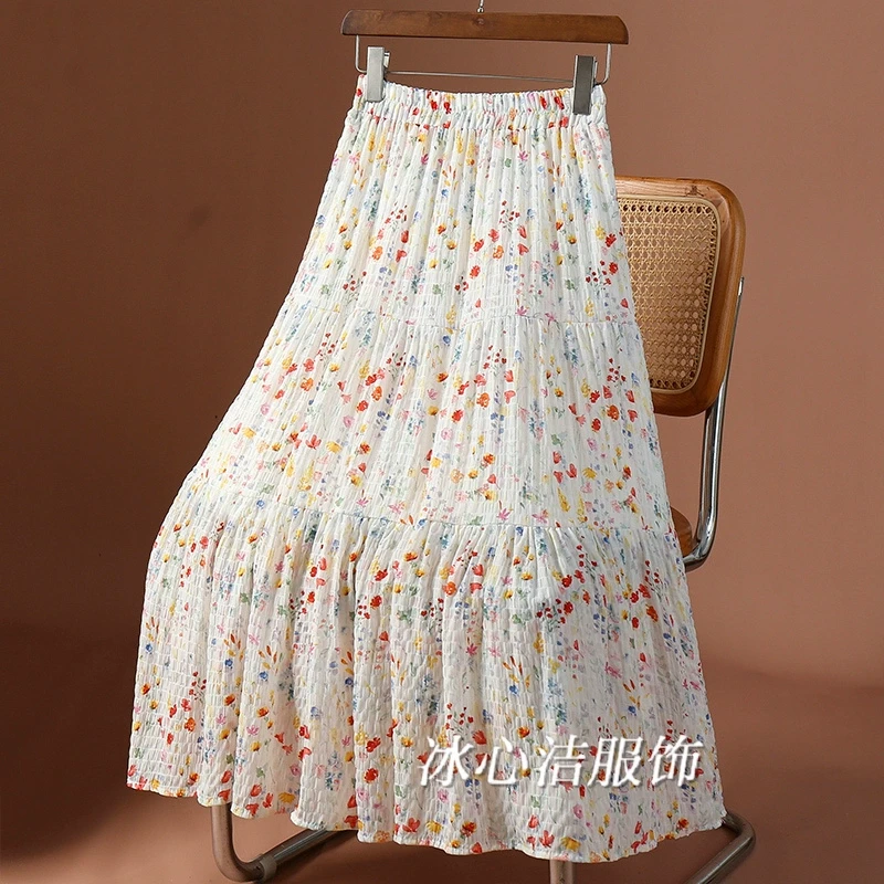 小清新垂感大摆碎花皱褶半身裙夏季2025新款高腰显瘦长款蛋糕裙子