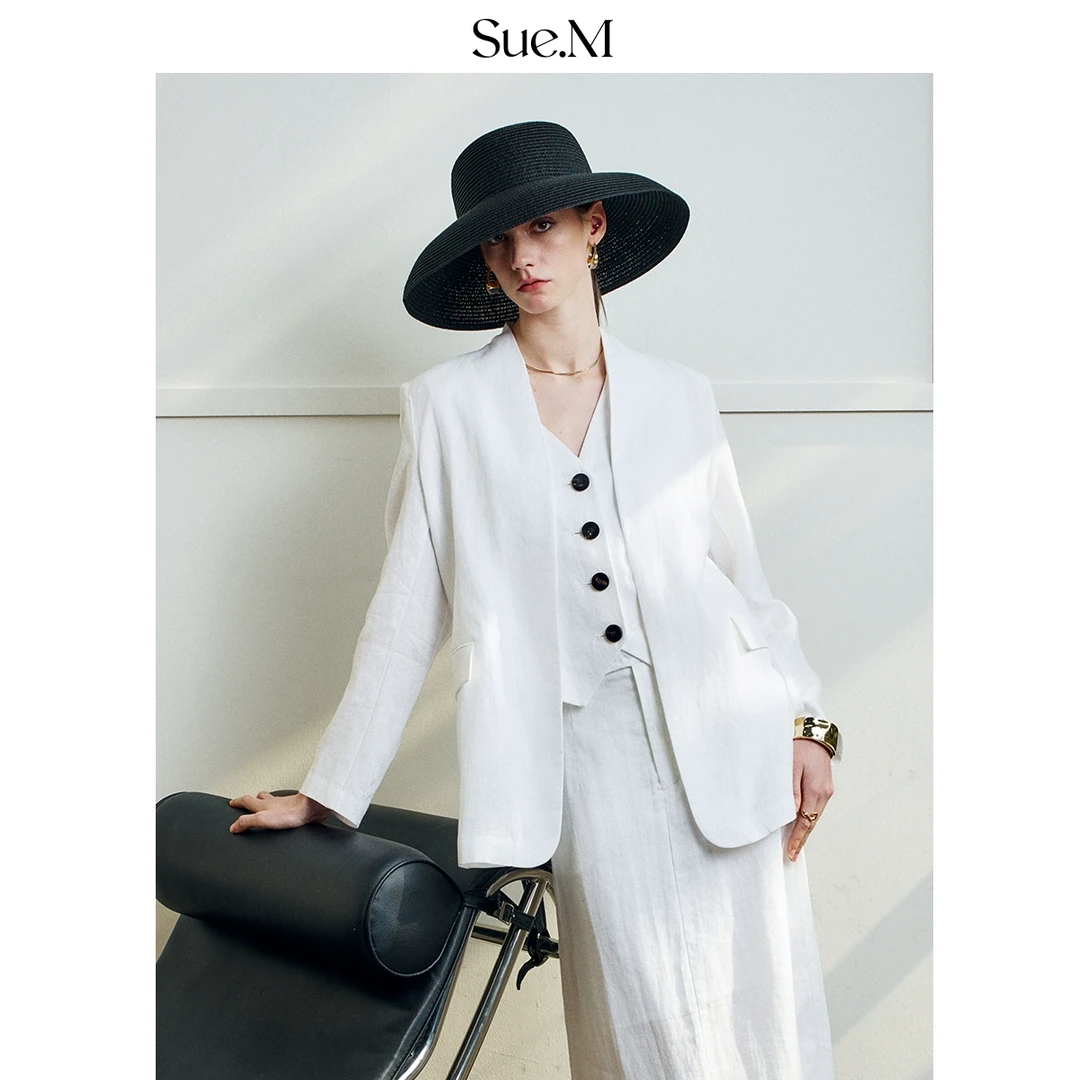 Sue.m100%进口亚麻无领西装老钱风松弛感外套上衣通勤西服女