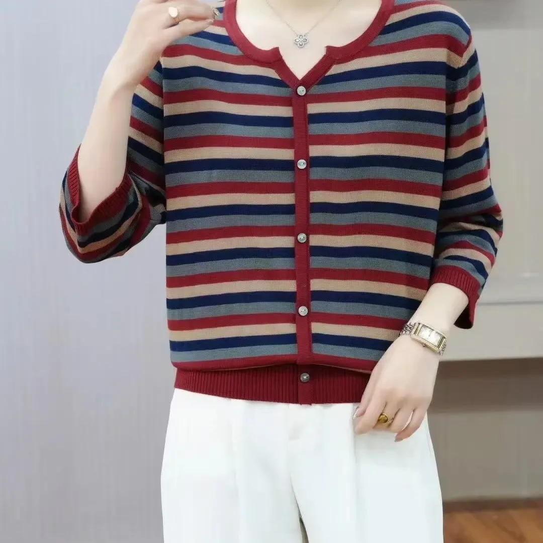 条纹针织七分袖假开长袖拼色圆领休闲百搭薄款毛衣外套