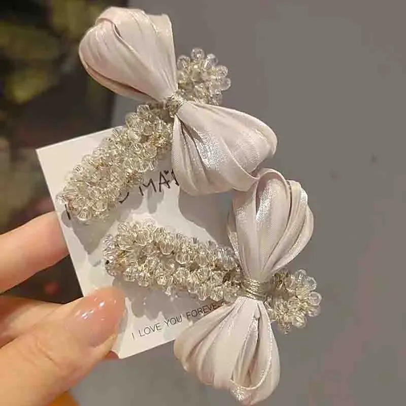 香槟色优雅气质蝴蝶结水晶前额刘海简约侧边夹鸭嘴夹碎发整理发卡