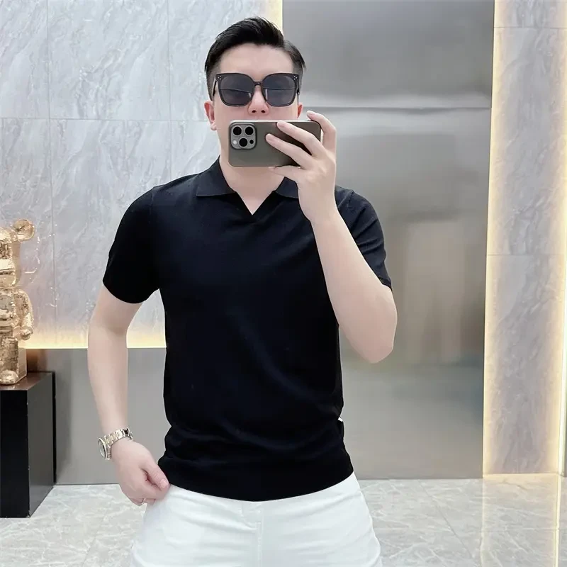 夏季新款简约百搭polo薄款伊力特冰丝翻领短袖T恤男潮半袖针织衫