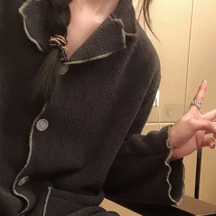 澳粒绒慵懒加厚长袖长裤纯色日系毛绒女士秋冬睡衣