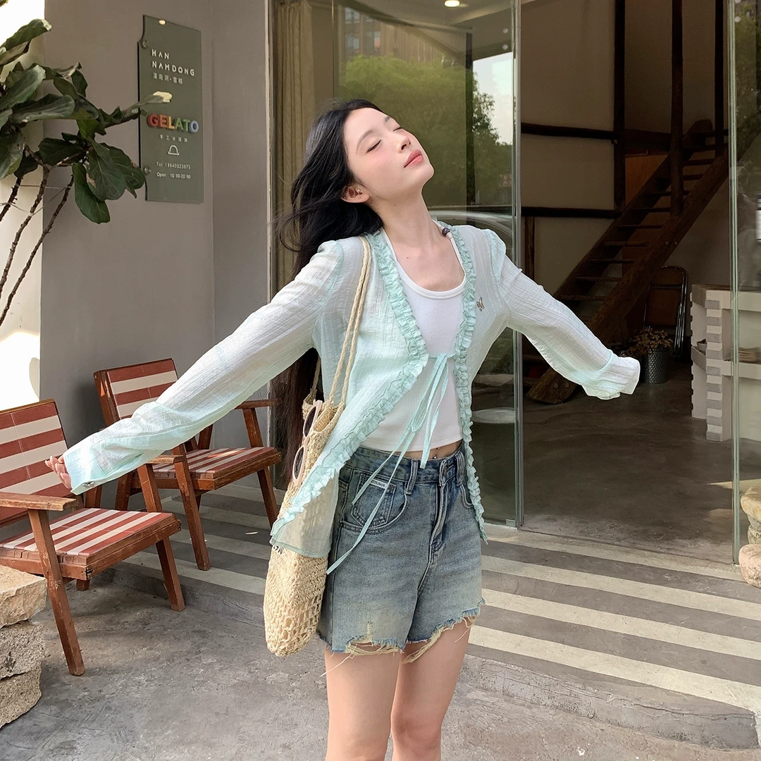 【吵吵家】木耳边系带针织开衫外搭衬衫52042