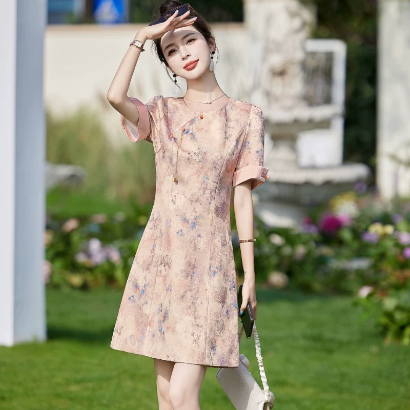 新中式印花改良旗袍连衣裙女2025夏季新款小个子修身减龄气质裙子
