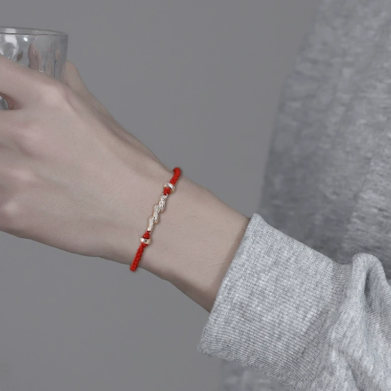 925银布艺手链 本命年红绳银手链男蛇年男士编织红手绳FJ501339