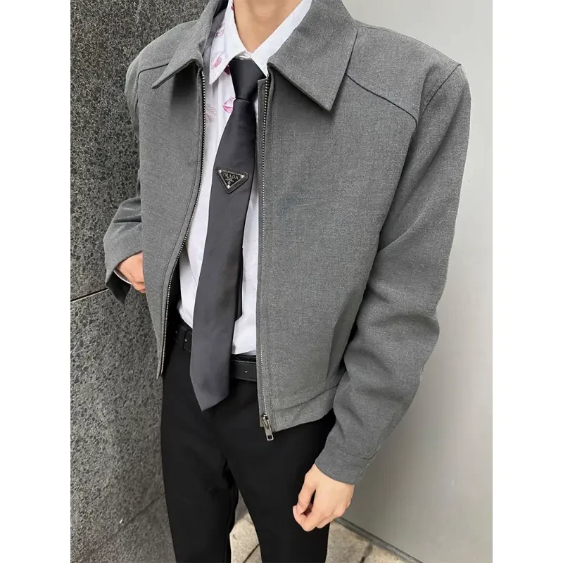 灰色垫肩短款行政夹克男春秋美式cleanfit高级感穿搭情侣休闲外套