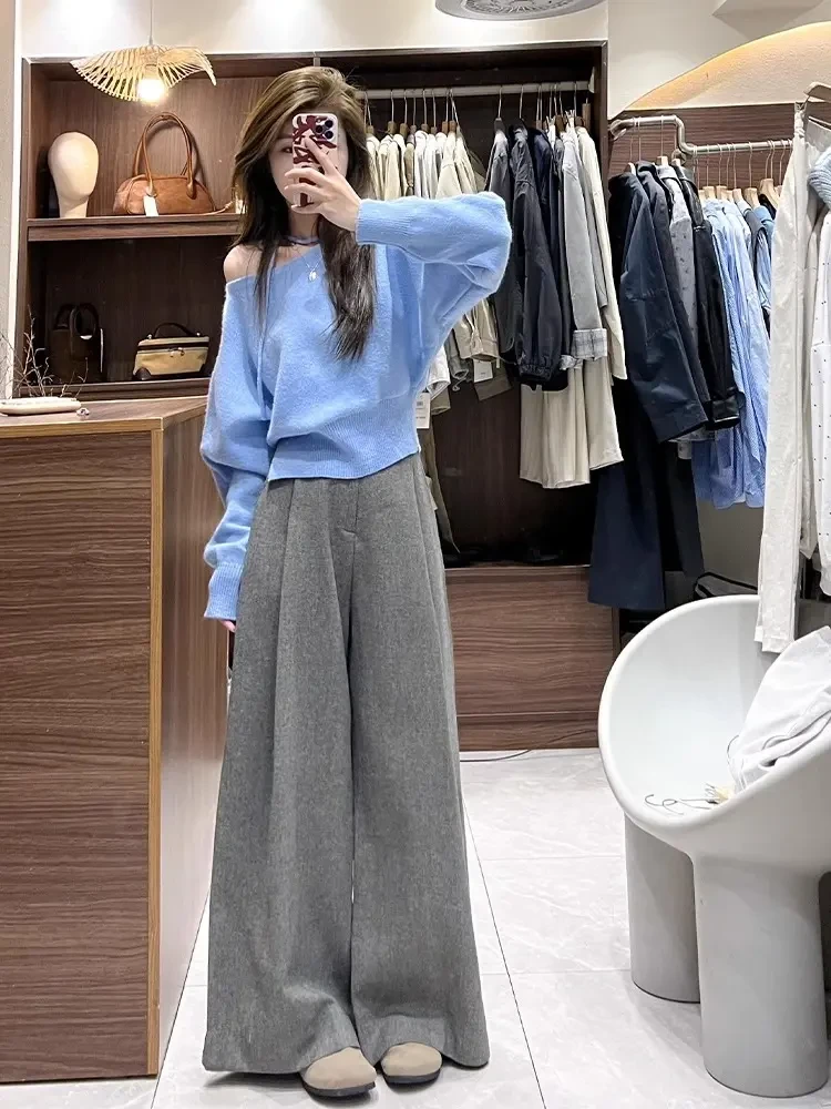 一整套ootd穿搭2025法式温柔慵懒风斜肩针织毛衣休闲阔腿裤两件套