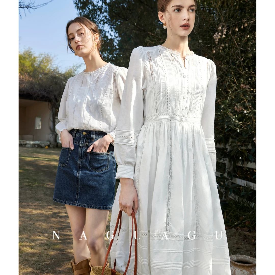 【玛莉娅系列】裙子女早春新款镂空设计感长袖圆领白色连衣裙