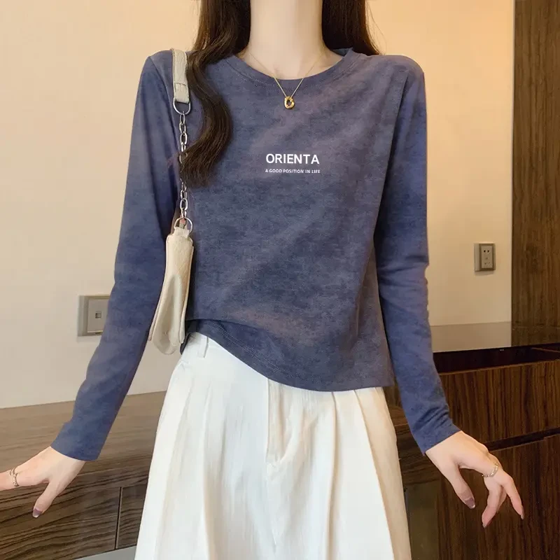 正肩扎染t恤女春秋季2025新款设计感小众纯棉洋气长袖打底衫上衣